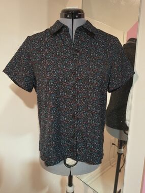 twik Black Short-Sleeve Button-Down Shirt with Blue & Pink Floral Print